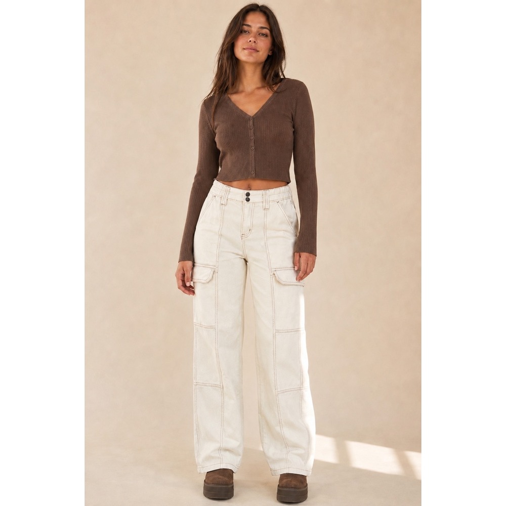PacSun Cream Cargo Pants and Hollister Brown Ribbed Cardigan Set Womens XS